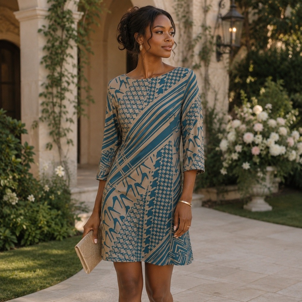Under Skies Teal Tan Geometric‎ Abstract Print 3/4 Sleeve Full Back Zip Dress S